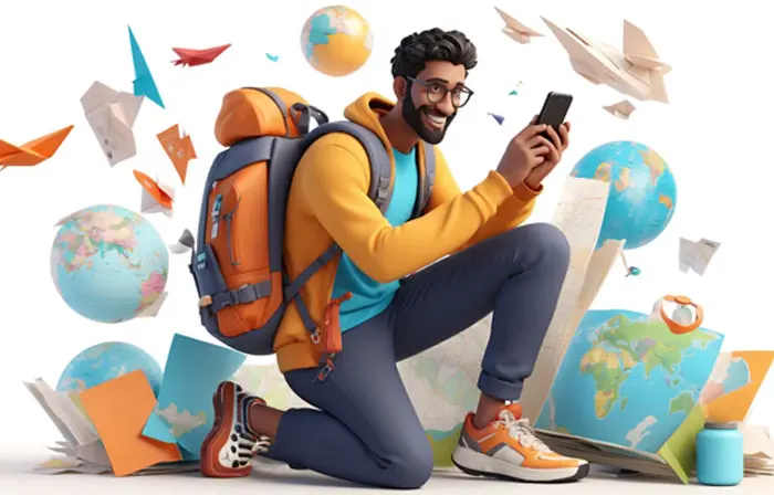 A Man with a Backpack Finding Map Route for Traveling 3D Design Artwork Illustration image